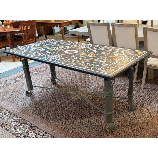 Metal Pietra Dura + Wrought Iron in/Outdoor Table For Sale - Image 7 of 12