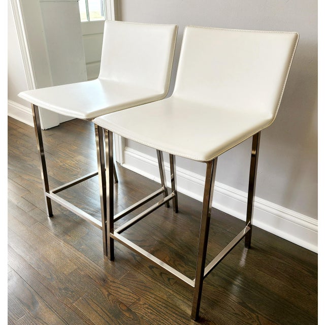 Contemporary Cb2 Phoenix White Leather Chrome Counter Chair - A Pair For Sale - Image 3 of 12