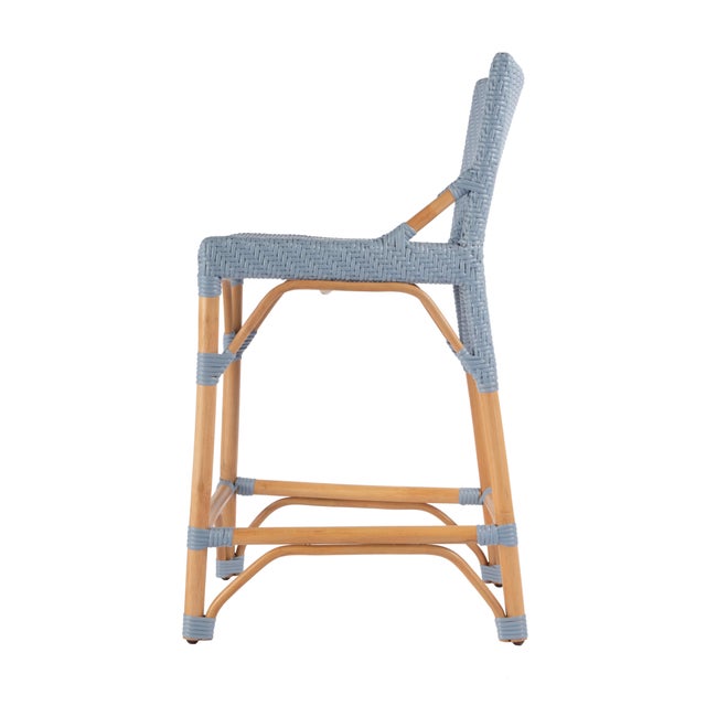 Creanly 25.25 in. Seat Height Rectangular Rattan Counter Stool with Back, Baby Blue/ Natural Rattan Frame For Sale In Chicago - Image 6 of 9