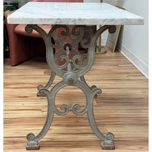 Metal Antique French Marble Top Cast Iron Bistro Table For Sale - Image 7 of 14