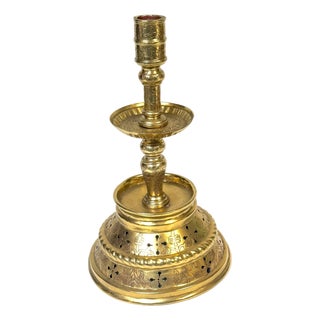 Large Dutch Baroque Engraved & Pierced Brass Chamber Candlestick Ventilated Base For Sale