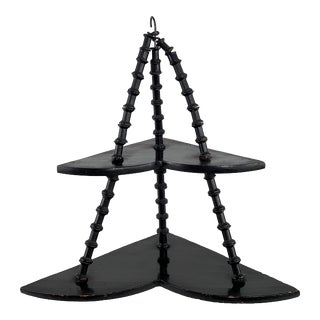 Antique 1920s Hanging Folk Art / Tramp Art 2-Tier Black Wood Spool Wall Corner Shelf For Sale