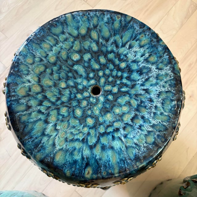 Curated Designer Set of 3 Large Teal Drip-Glazed Chinese Ceramic Garden Stools With Raised Garland Motif For Sale In Providence - Image 6 of 12