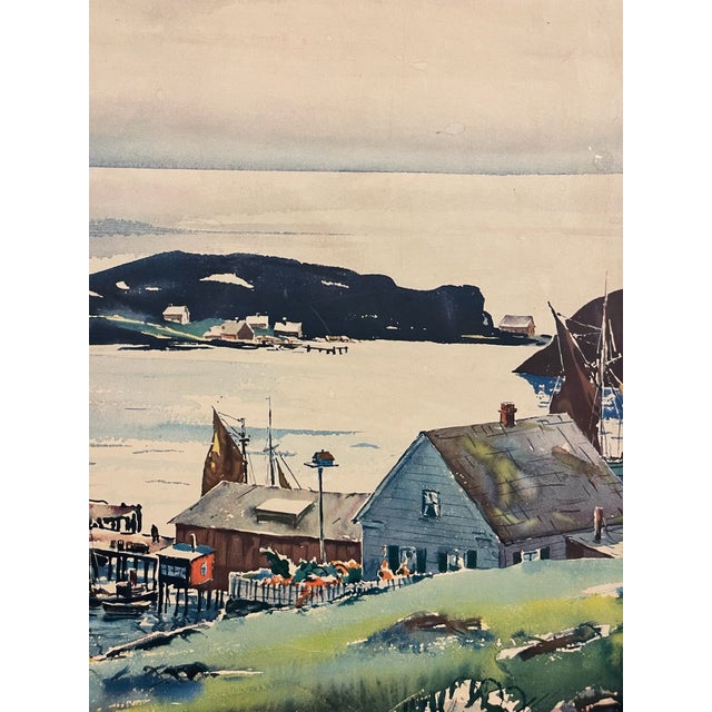 Vintage Framed Harbor Landscape Print by C. Ivar Gilbert - Coastal Sailboat & Village Scene, Gold-Tone Frame For Sale - Image 11 of 12