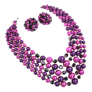 Vintage 1950s Five-Strand Purple Beaded Necklace Set, 3 Pieces