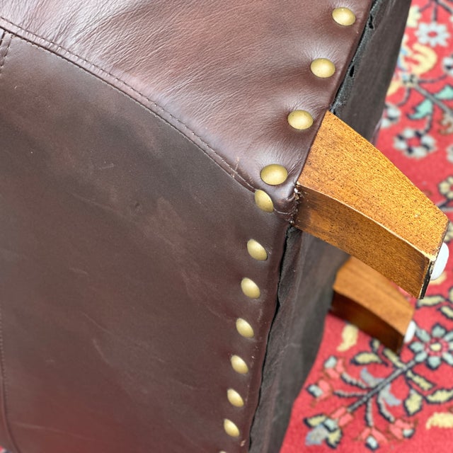 Wood Vintage Brown Leather Sloped Ottoman Leg Rest With Large Brass Tacks For Sale - Image 7 of 12