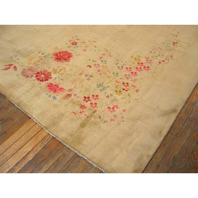 Early 20th Century 1920s Tan Khaki Floral Antique Chinese Art Deco Rug 10'0" X 13'4" Knotted Wool Carpet For Sale - Image 5 of 5