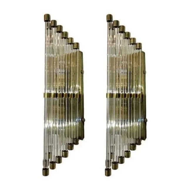 Art Deco Pair Vintage 1940s Skyscraper Art Deco Wall Sconces Fixture Brass & Glass Rod Ship Light For Sale - Image 3 of 5
