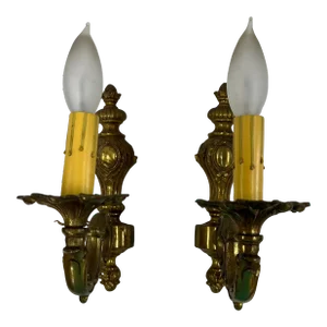 Mid Century Brass Single Light Electric Wall Sconces - a Pair
