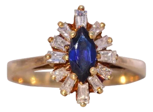 The Parksville: Vintage Sapphire and Natural Diamond Navette Ring in Yellow Gold