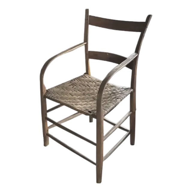 Antique Primitive Bentwood Arm Ladder Back Chair With Original Woven Splint Seat For Sale