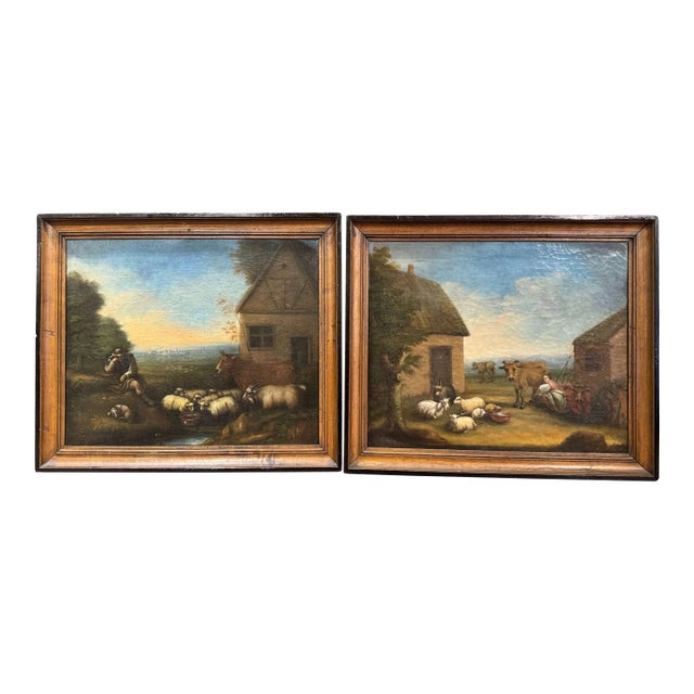 Pair of 19th Century French Pastoral Oil Paintings in Blackened Frames For Sale