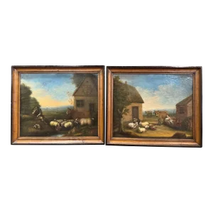 Pair of 19th Century French Pastoral Oil Paintings in Blackened Frames