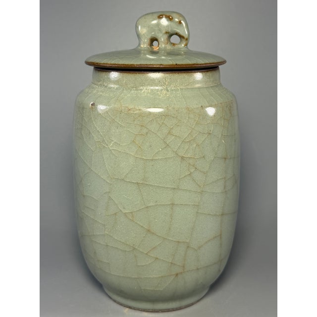 Antique Longquan Celadon Covered Jar, Chinese Crackle Glaze Jar For Sale - Image 4 of 6