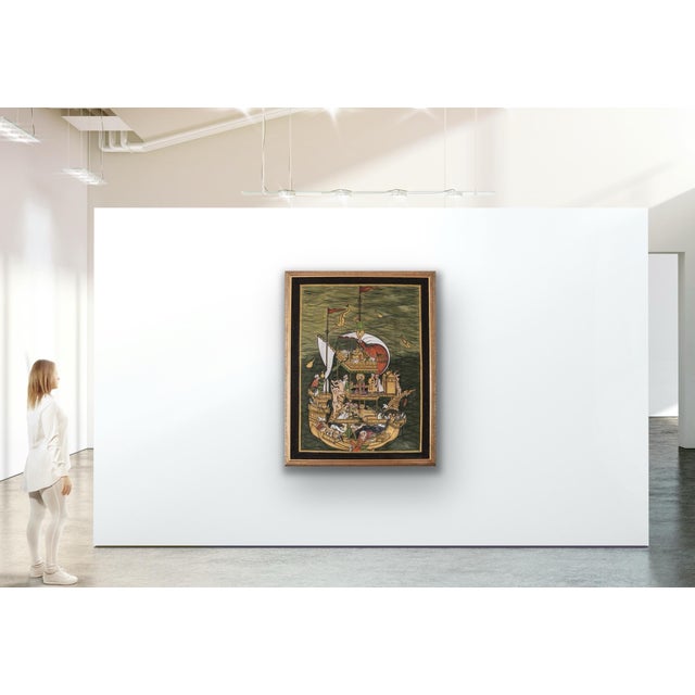 Original Hand-Painted Silk Art - Noah’s Ark Religious Illustration- Large Vintage Gold-Framed Maritime Scene For Sale - Image 12 of 12