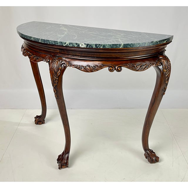Wood Vintage Chippendale Style Carved Mahogany Green Marble Top Demilune Console Table For Sale - Image 7 of 13