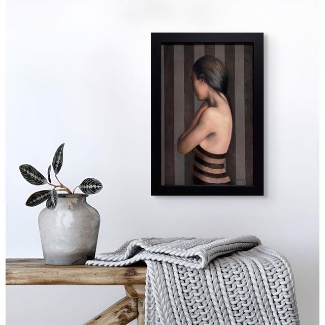 Early 21st Century Shying Away by Kelly Birkenruth | Oil on panel of a woman with her back turned against stripes For Sale - Image 5 of 5