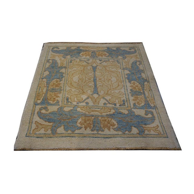 Traditional Turkish Donegal Wool Square 4X4 Ivory, Blue & Tan Handmade Area Rug #1140634 For Sale - Image 3 of 4