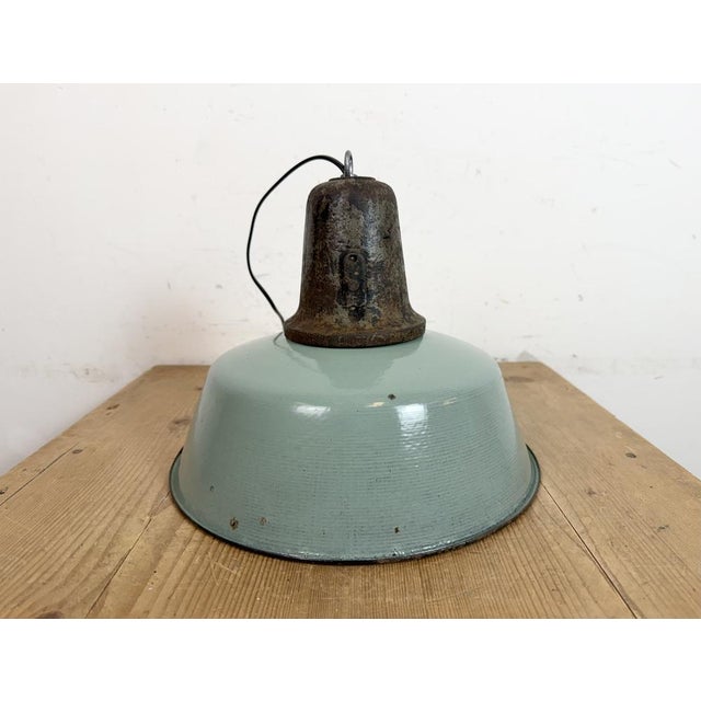 Industrial Petrol Enamel Factory Lamp with Cast Iron Top, 1960s For Sale - Image 11 of 18
