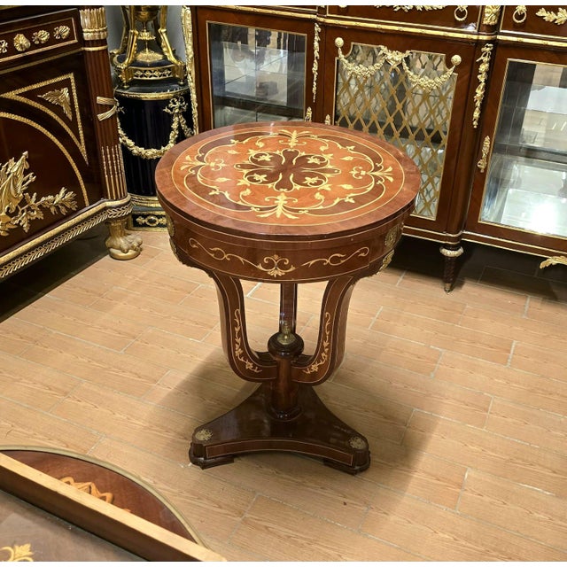 Traditional French Empire Round Accent Table – Marquetry Inlaid Center Table With Pedestal Base For Sale - Image 3 of 3