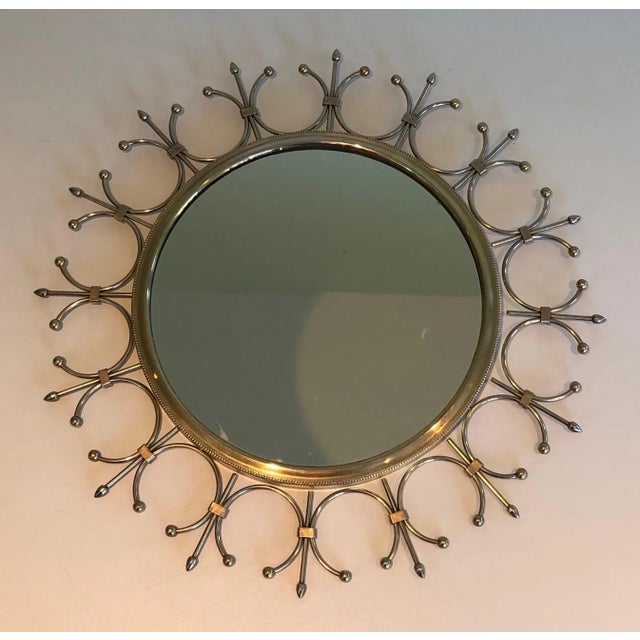 1970s Circa 1970 French Brass and Brushed Steel Sunburst Mirror For Sale - Image 5 of 13