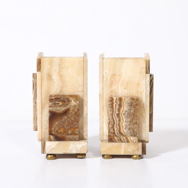 Cream Pair of Art Deco Bookends in Tessellated Cream & Ice Sugar Onyx For Sale - Image 8 of 8