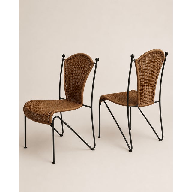 1950s Mid-Century Wicker and Iron Dining Chairs attributed to Frederic Weinberg, 1950s, Set of 6 For Sale - Image 5 of 16