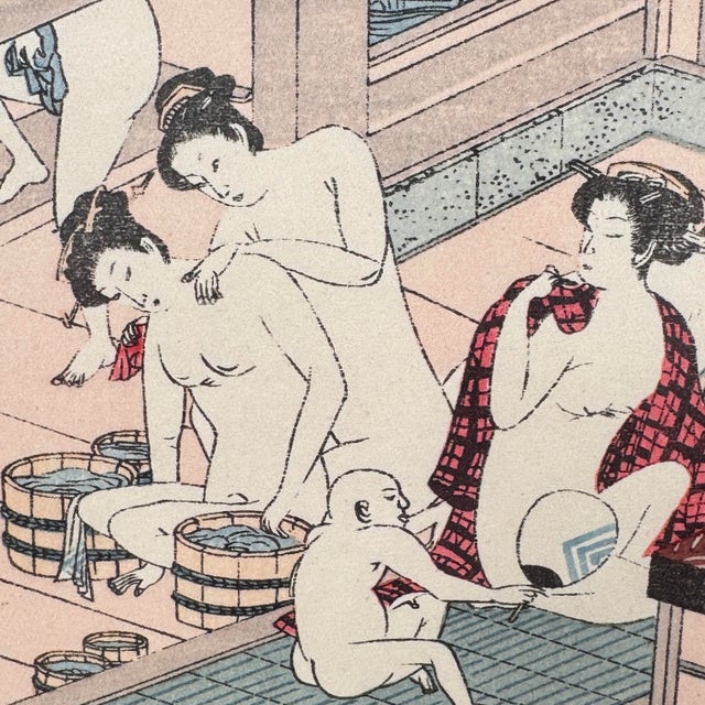1970s Vintage Japanese Woodblock Bathhouse Scene After Torii Kiyonaga For Sale - Image 5 of 9
