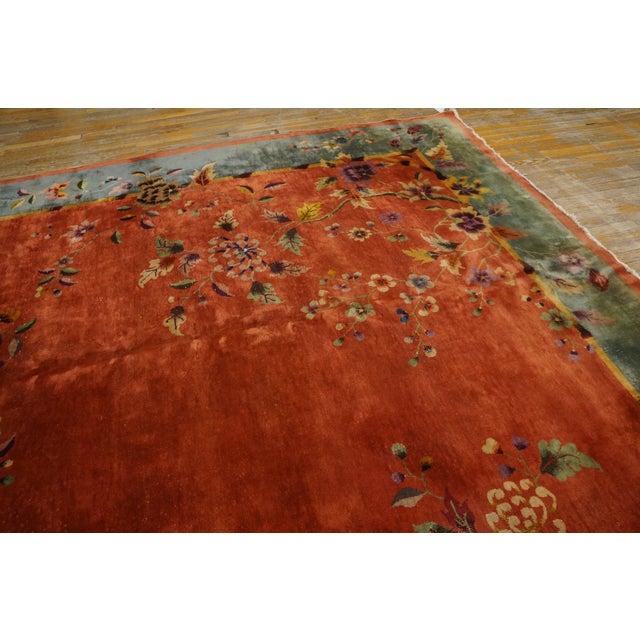 1920s Burnt Orange Floral Antique Chinese Art Deco Carpet 8' 9" X 11' 3" Knotted Wool Rug For Sale - Image 10 of 12
