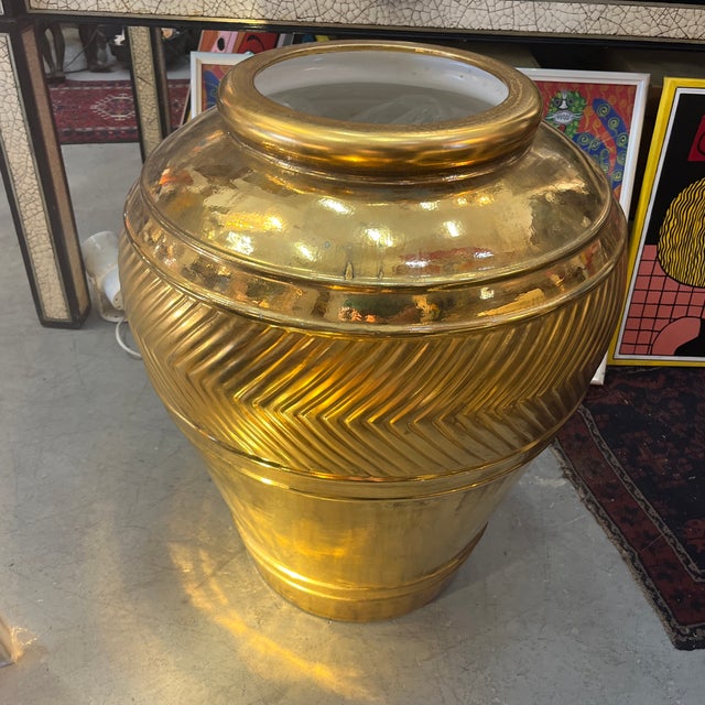 Ceramic 49" Gold Finished Vase Urn With Matching Base For Sale - Image 7 of 11