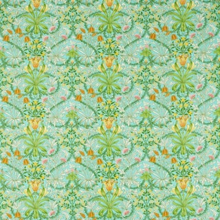 Morris & Co Woodland Weeds Fabric in Orange/Turquoise For Sale