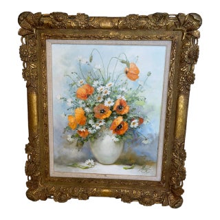 Large Vintage Floral Oil Painting on Canvas Signed by Artist Alex With Ornate Gilded Frame For Sale