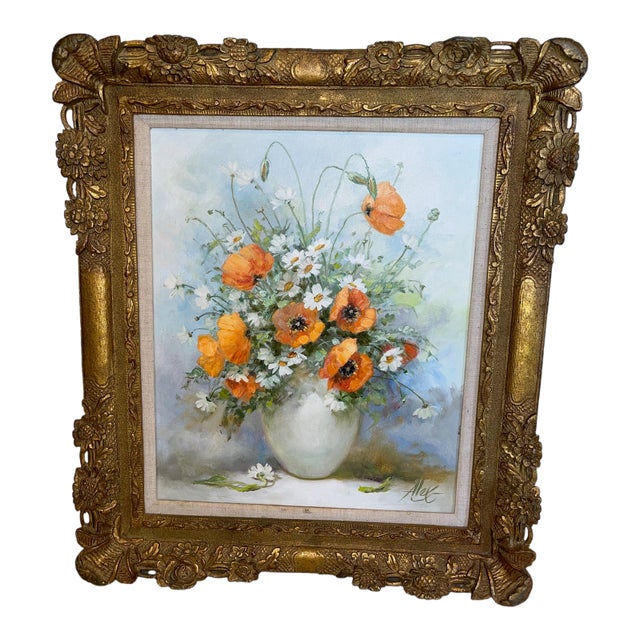 Large Vintage Floral Oil Painting on Canvas Signed by Artist Alex With Ornate Gilded Frame For Sale