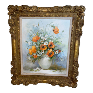 Large Vintage Floral Oil Painting on Canvas Signed by Artist Alex With Ornate Gilded Frame