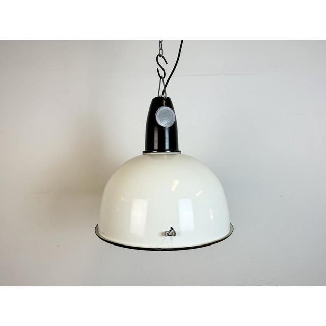- Vintage Industrial factory light from the 1960s - Made in Ukraine in former Soviet Union - White enamel shade - Bakelite...