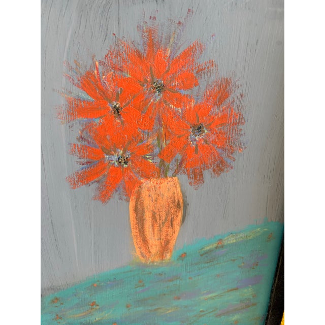 Primitive, original painting of bursting orange flowers like smithereens in a vase against a turquoise tablecloth and gray...