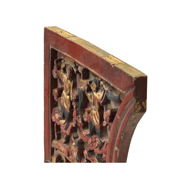 1940s Vintage Corbel Corner Wood Red Gold Carving Wall Hanging Art Plaque For Sale - Image 5 of 9