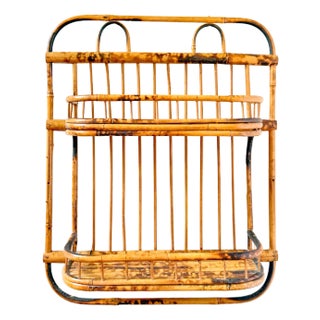 Mid Century Pencil Reed Rattan Burnt Bamboo Wall Shelf For Sale