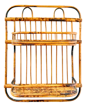 Mid Century Pencil Reed Rattan Burnt Bamboo Wall Shelf