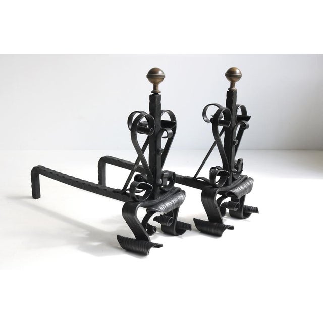 Metal Antique Hand-Forged Wrought Iron Andirons, 1890s, Set of 2 For Sale - Image 7 of 13