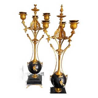 Pair of large antique 3-arm gilt bronze candelabra with black marble // Empire candle holders // black and gold // Napoleon III style For Sale