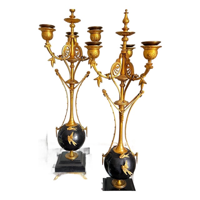 Pair of large antique 3-arm gilt bronze candelabra with black marble // Empire candle holders // black and gold // Napoleon III style For Sale