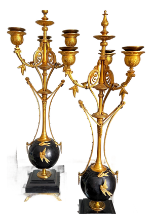 Pair of large antique 3-arm gilt bronze candelabra with black marble // Empire candle holders // black and gold // Napoleon III style