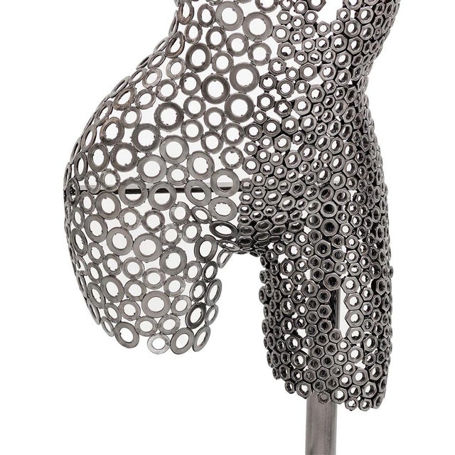 Silver Premium Handcrafted Iron Washer Female Torso Sculpture | 37" | One of a Kind For Sale - Image 8 of 9