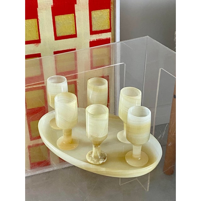 1960s Carved Onyx Stemware + Tray, Set of 7 Pieces For Sale - Image 4 of 17