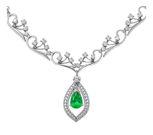 14K White Gold Filigree Emerald Diamond Necklace