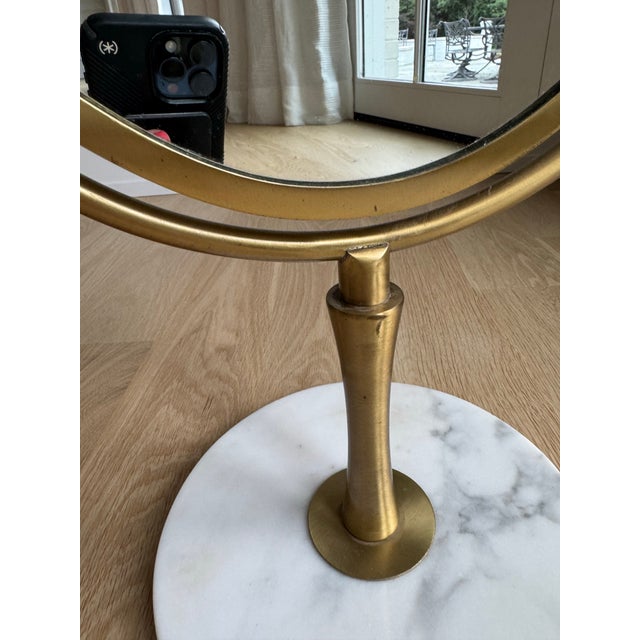 Mid-Century Modern Vintage Oversized Brass & Carrara Marble Double-Sided Vanity Mirror Attributed to Charles Hollis Jones For Sale - Image 3 of 8