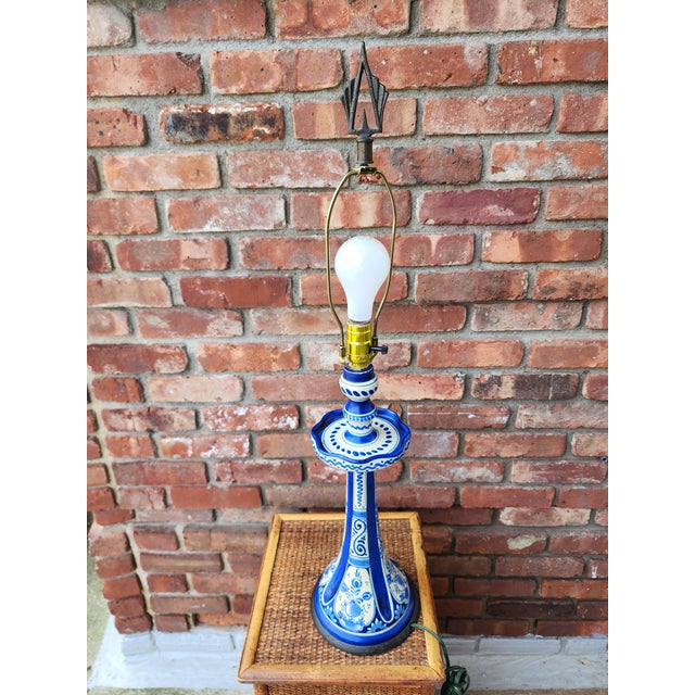 Antique Delft Candlestick Lamp With Navy Silk Shade For Sale - Image 10 of 12