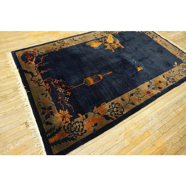1920s Blue Navy Vase Floral Antique Chinese Art Deco Carpet 5' X 7'7" Knotted Wool Rug For Sale In New York - Image 6 of 13