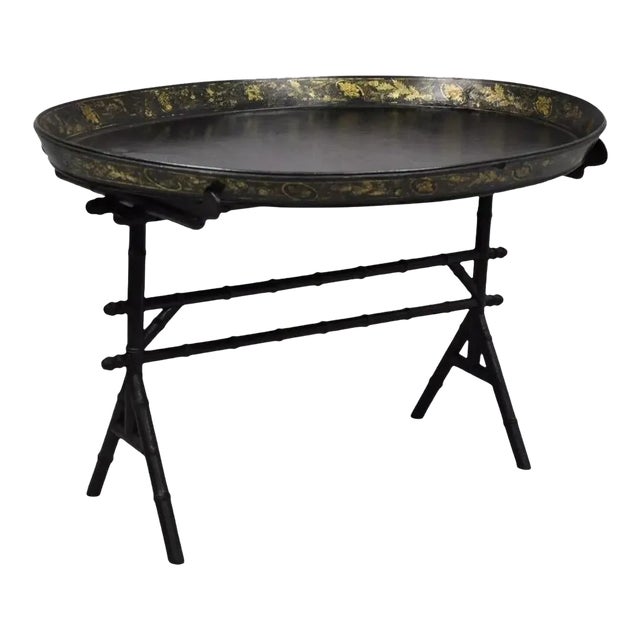 19th Century English Victorian Leather Tole Tray on Faux Bamboo Base For Sale